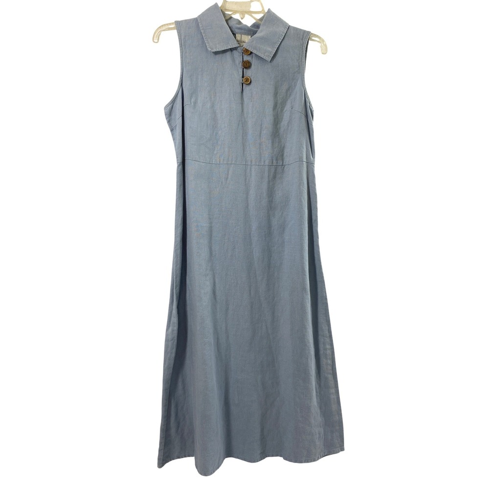 WilliWear Dress Women 8P Blue Linen Sleeveless Collared Midi Coastal Summer Vtg